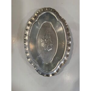 Nasco Italian Pewter Oval Scalloped Edge Trinket Dish Floral Embossed Vintage